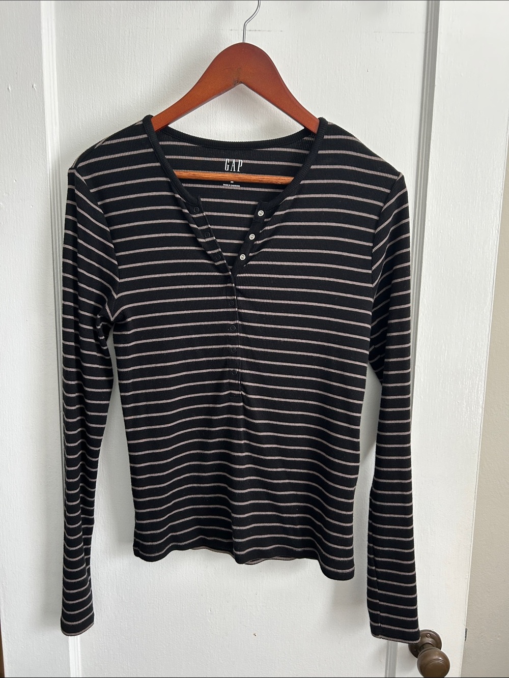 GAP Black & Gray Striped Henley Long Sleeve Top